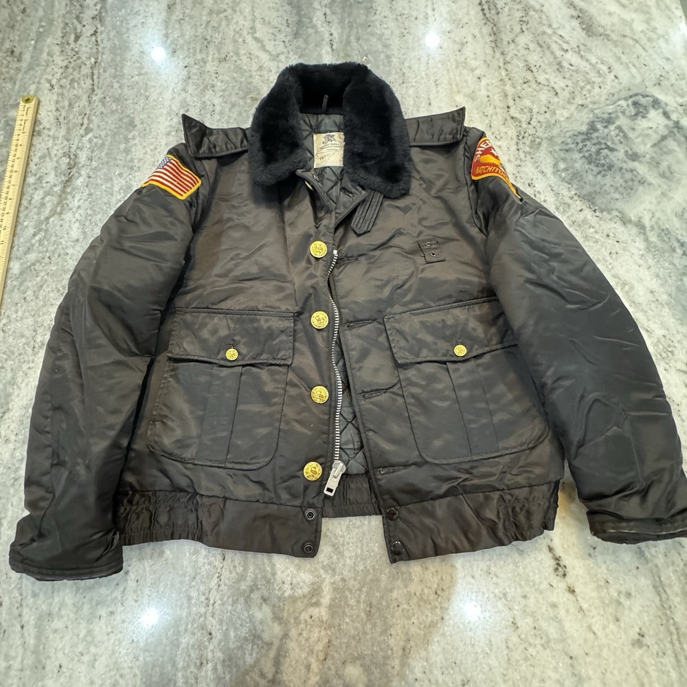 VTG Tuffy Jac Bomber Jacket Faux Fur Collar Black Police Firefighter Patch Sz L